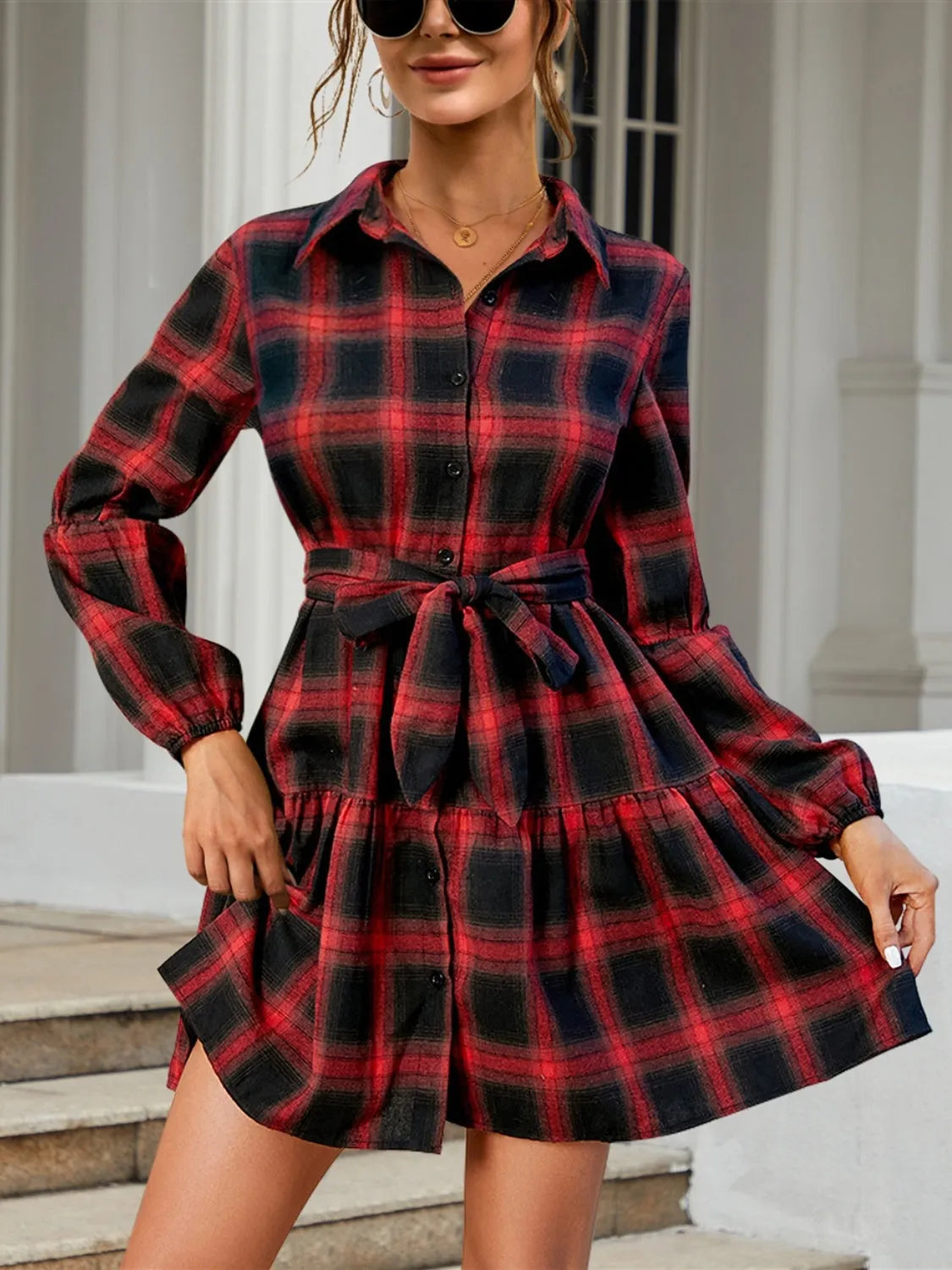 FAM-FAM Tied Plaid Long Sleeve Mini Dress Burgundy Casual Dresses - Tophatter Daily Deals