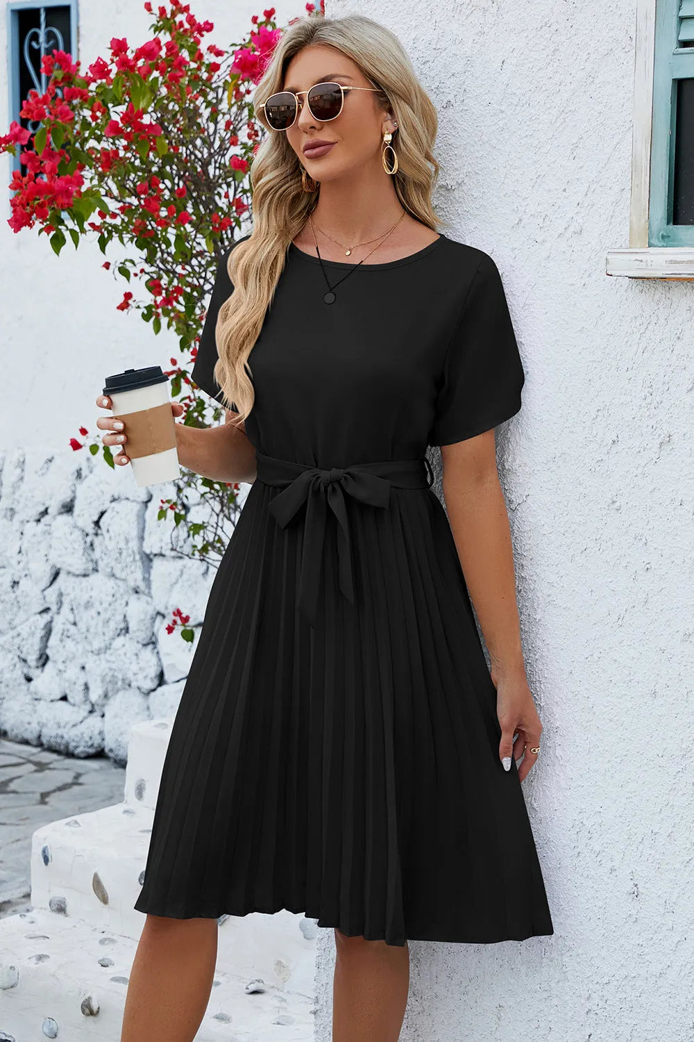 Pleated Tie Waist Short Sleeve Dress Casual Dresses - Tophatter Daily Deals