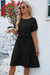 Pleated Tie Waist Short Sleeve Dress Casual Dresses - Tophatter Daily Deals