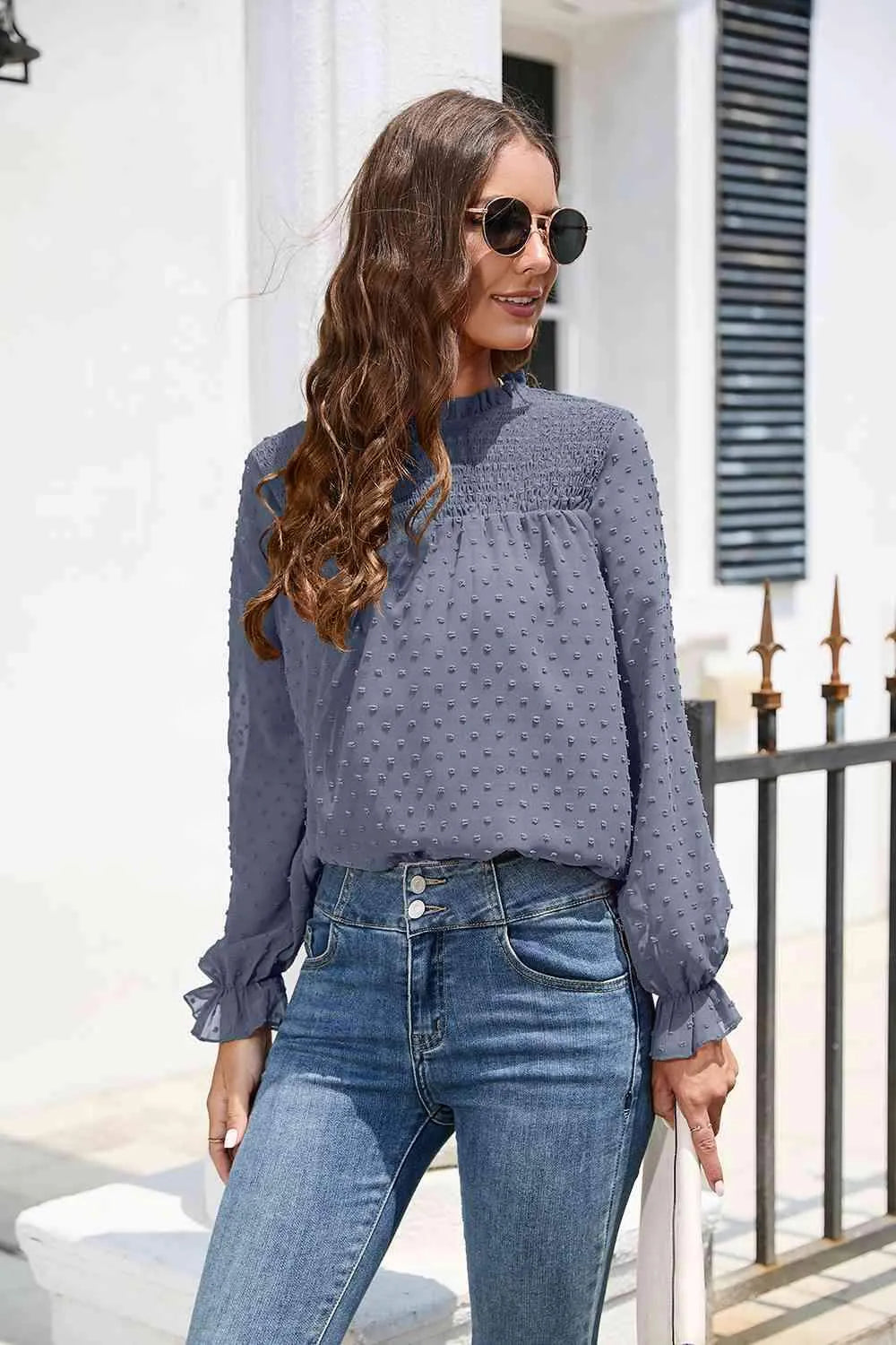 Smocked Mock Neck Swiss Dot Top Dusty Blue Blouses - Tophatter Daily Deals