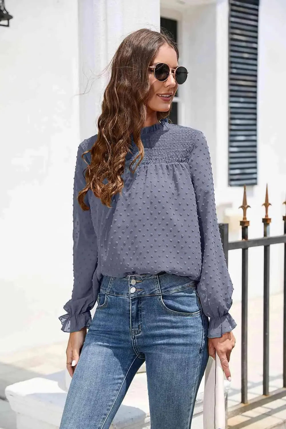 Smocked Mock Neck Swiss Dot Top Dusty Blue Blouses - Tophatter Daily Deals