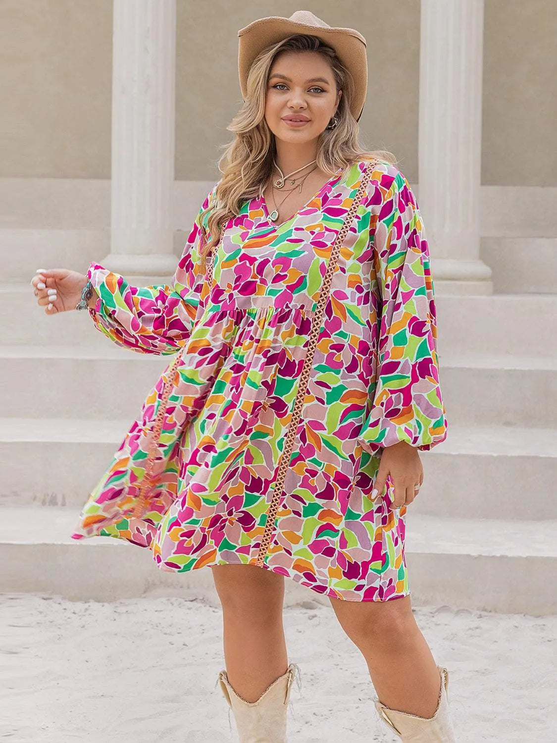 Plus Size Printed V-Neck Balloon Sleeve Mini Dress Casual Dresses - Tophatter Daily Deals