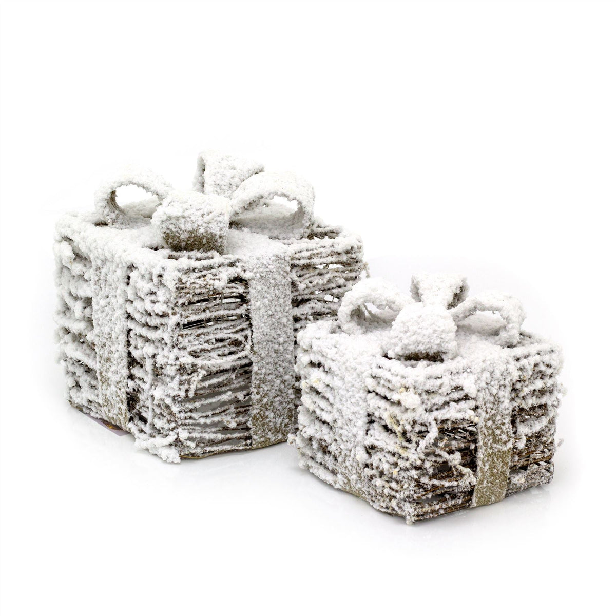 Set Of 2 LED Light Up Christmas Gift Boxes | 2 Piece Rattan Snow Topped Light Up Xmas Boxes | LED Christmas Parcels Christmas Decorations Ornament - Tophatter Daily Deals