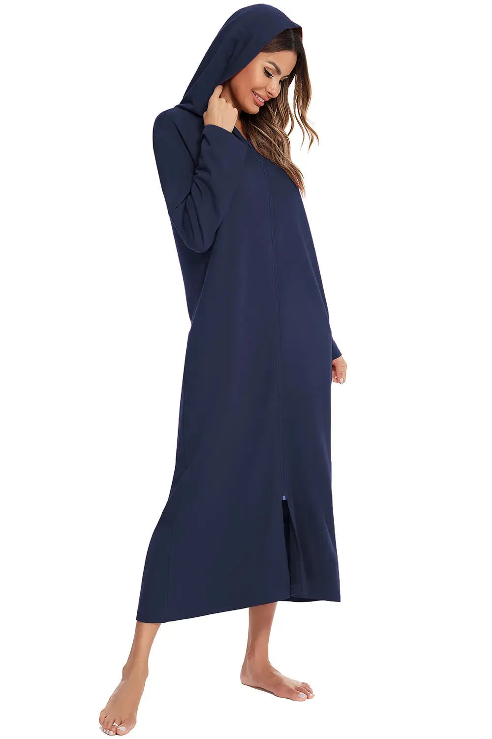 Zip Front Hooded Night Dress with Pockets Sleep Dresses - Tophatter Daily Deals