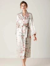 Floral Tie Waist Long Sleeve Robe Light Gray Sleep Dresses - Tophatter Daily Deals