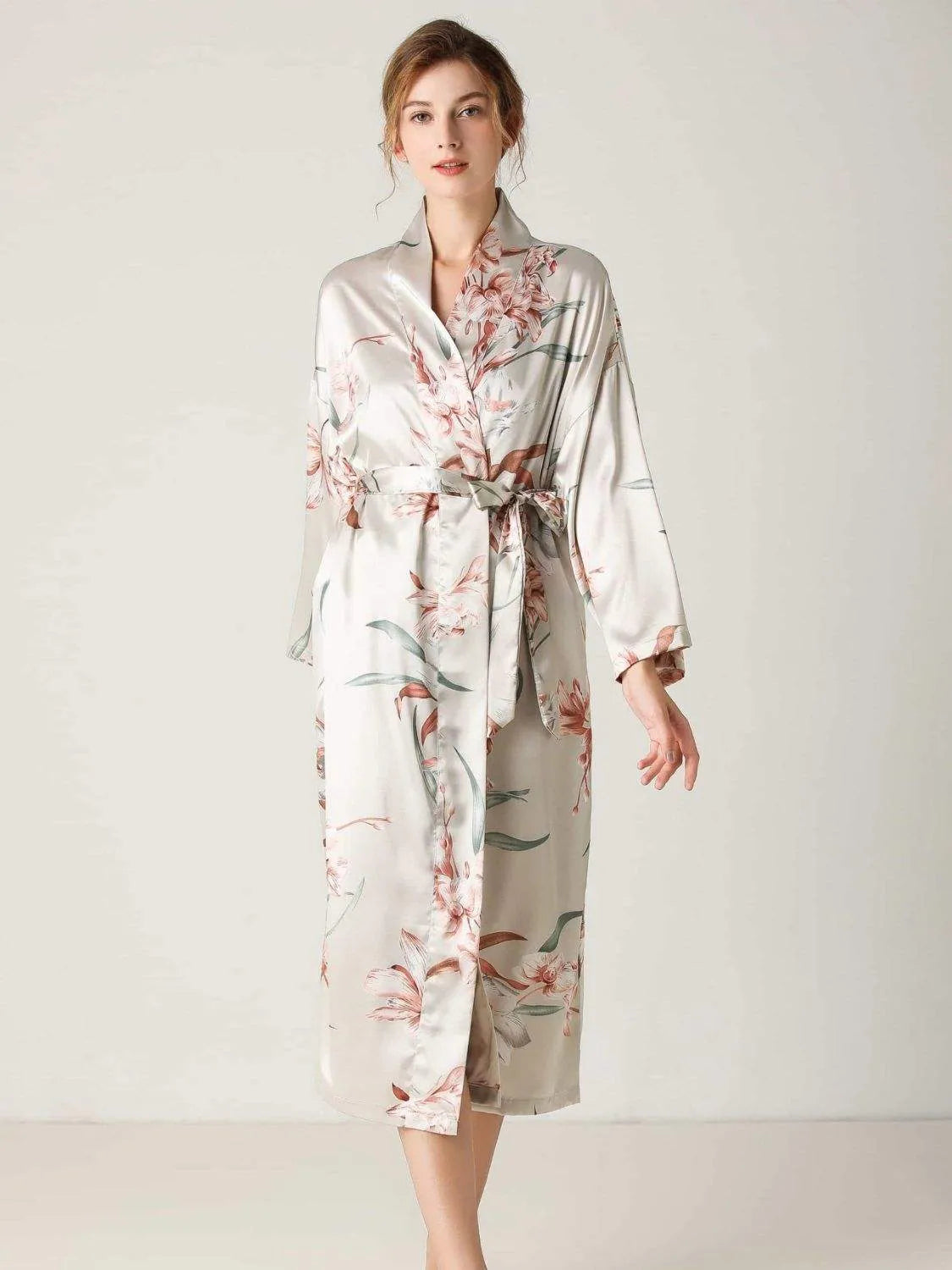 Floral Tie Waist Long Sleeve Robe Light Gray Sleep Dresses - Tophatter Daily Deals