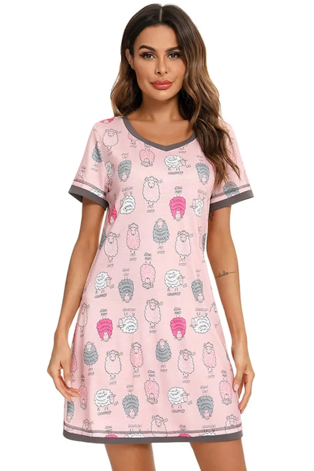 Contrast Trim Short Sleeve Lounge Dress Dusty Pink Sleep Dresses - Tophatter Daily Deals