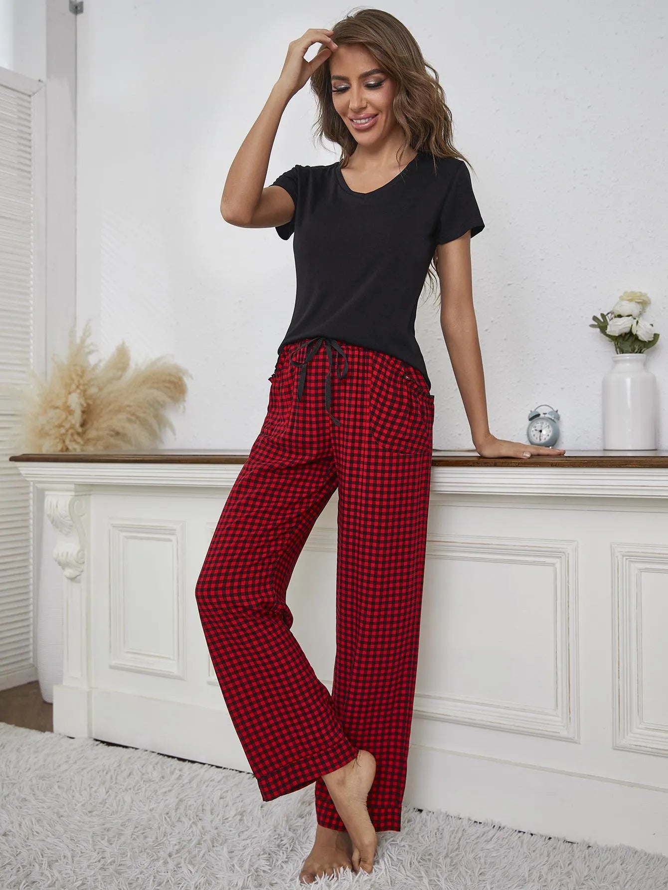 V-Neck Top and Gingham Pants Lounge Set Loungewear Sets - Tophatter Daily Deals