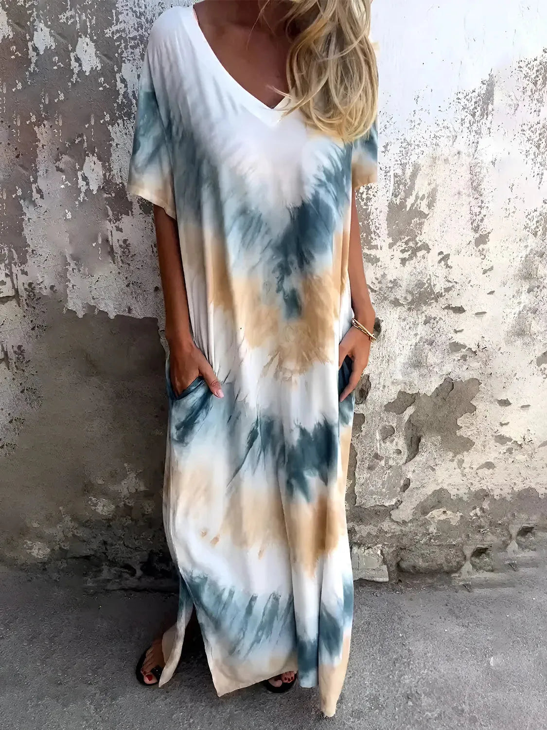 Full Size Pocketed Tie-Dye Short Sleeve Dress Pastel Yellow Casual Dresses - Tophatter Daily Deals