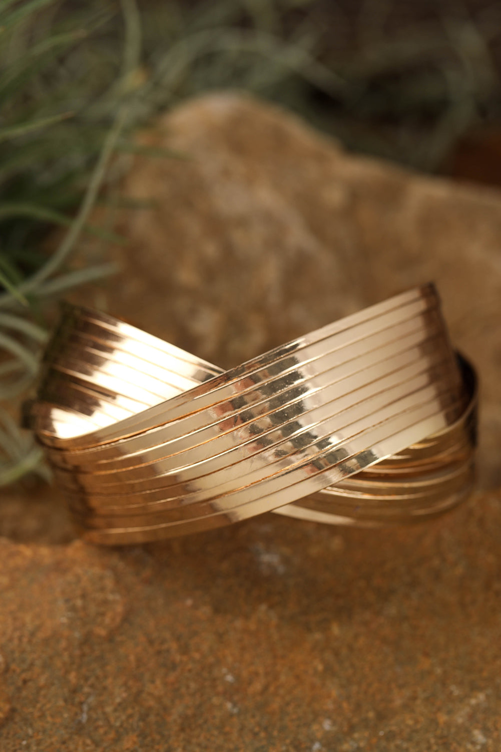 Gold Textured Crossover Metal Cuff Wide Bracelet Bracelets - Tophatter Daily Deals