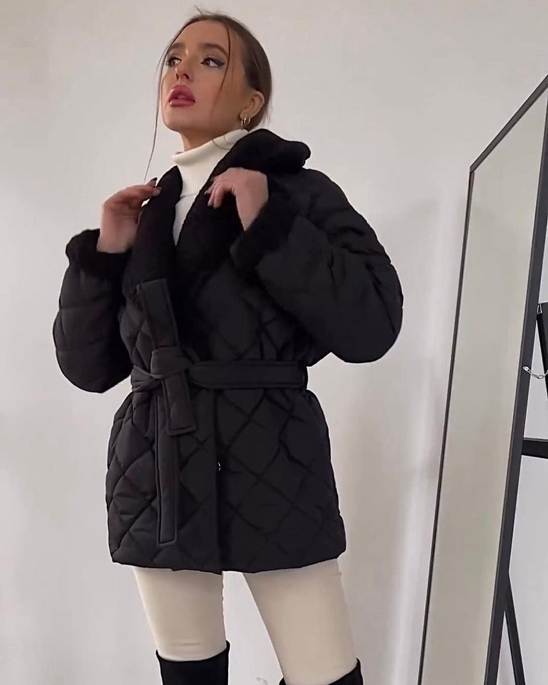 Warm Womens Coat - Quilted Sherpa Lapel, Belted Winter Black 3D Changing Face Moving Picture Frame - Tophatter Daily Deals
