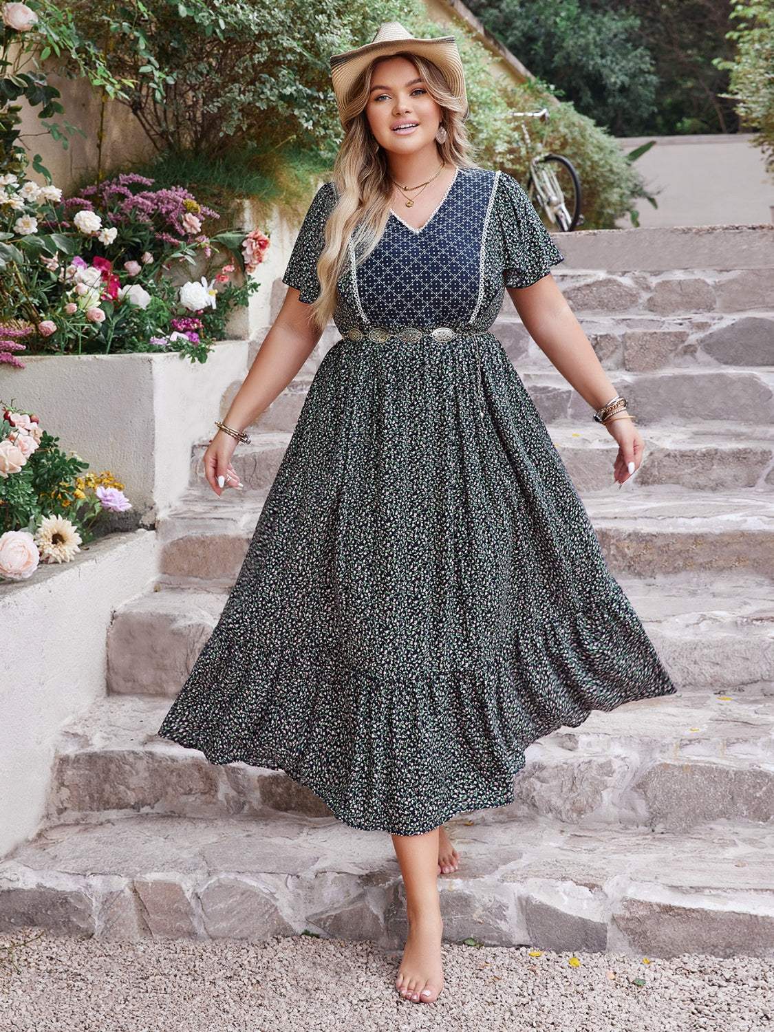 Plus Size Printed V-Neck Flutter Sleeve Midi Dress Casual Dresses - Tophatter Daily Deals