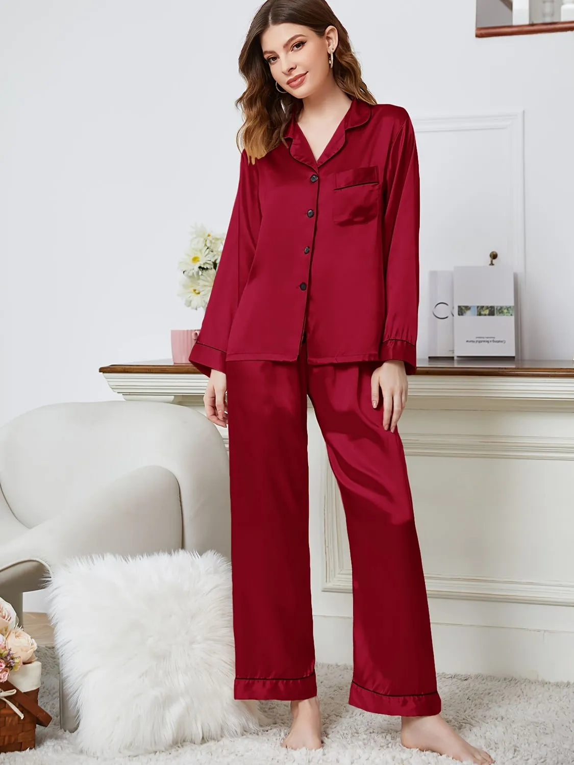 Lapel Collar Long Sleeve Top and Pants Pajama Set Deep Red Loungewear Sets - Tophatter Daily Deals