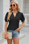 Eyelet Notched Puff Sleeve T-Shirt Black Women's T-Shirts - Tophatter Daily Deals