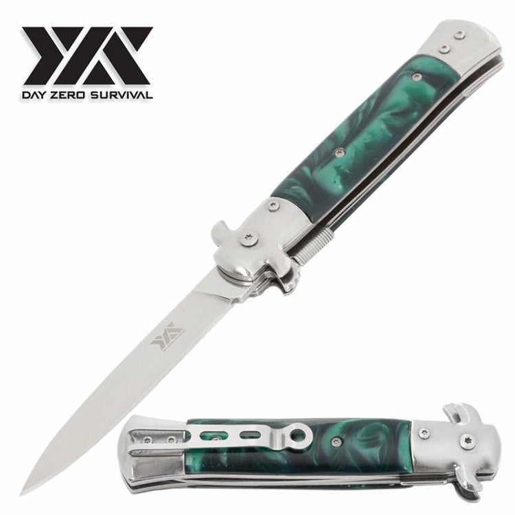 9" Italian Milano Green Stiletto Style DZS Spring Assisted Open Pocket Knife Collectible Weapons - Tophatter Daily Deals