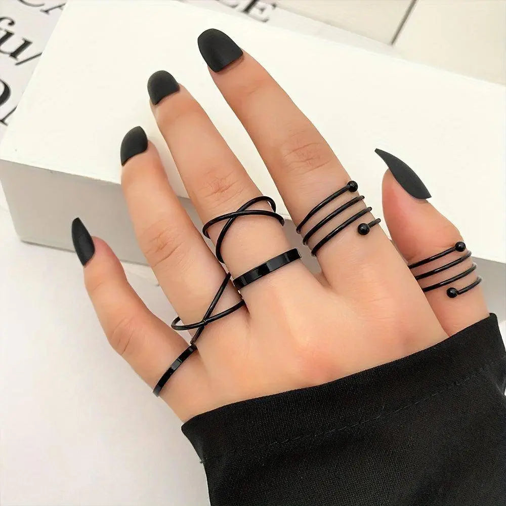 6pcs Personality Black Cross Ring Set Ladies Knuckle Rings Punk Y2K Accessories - Tophatter Daily Deals