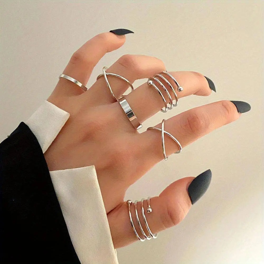 6pcs Personality Black Cross Ring Set Ladies Knuckle Rings Punk Y2K Accessories Silvery - Tophatter Daily Deals