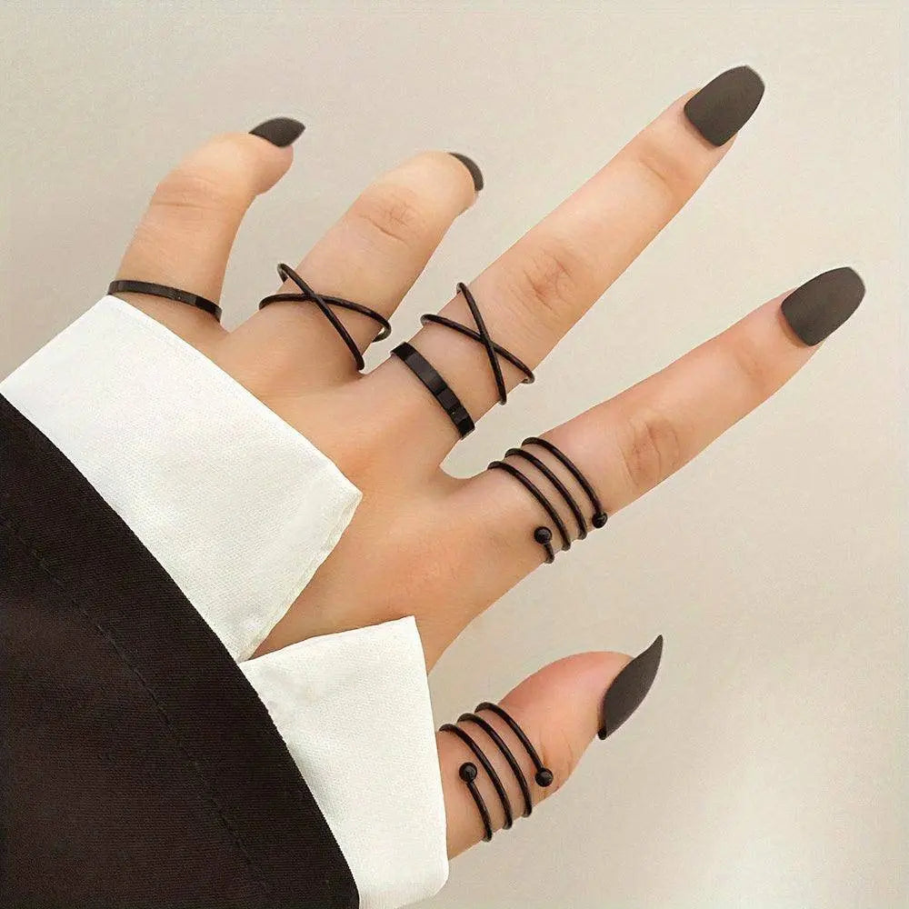 6pcs Personality Black Cross Ring Set Ladies Knuckle Rings Punk Y2K Accessories Black - Tophatter Daily Deals