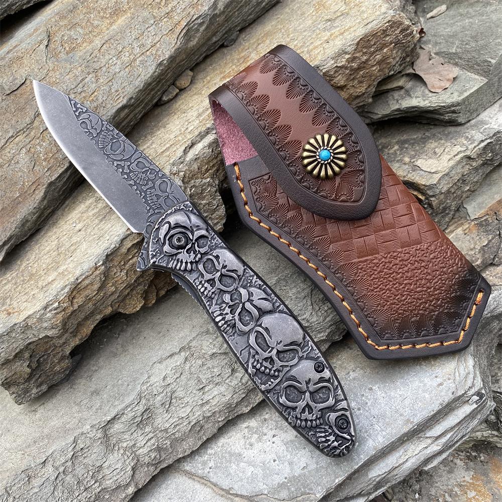 6 Skull Heads Folding Knife Knife & Case A - Tophatter Daily Deals