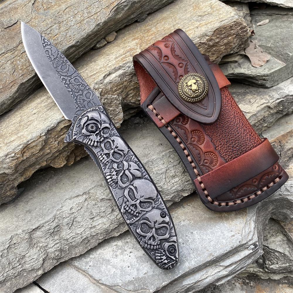 6 Skull Heads Folding Knife Knife & Case B - Tophatter Daily Deals