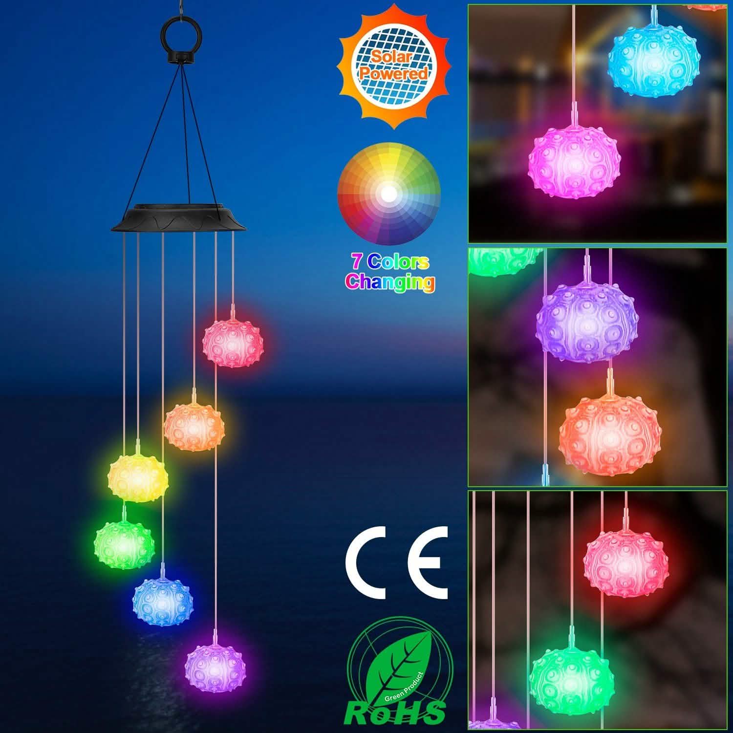 7 Color Changing Solar Wind Chime Lights Sea Urchins Decorative Lamp String & Fairy Lights - Tophatter Daily Deals