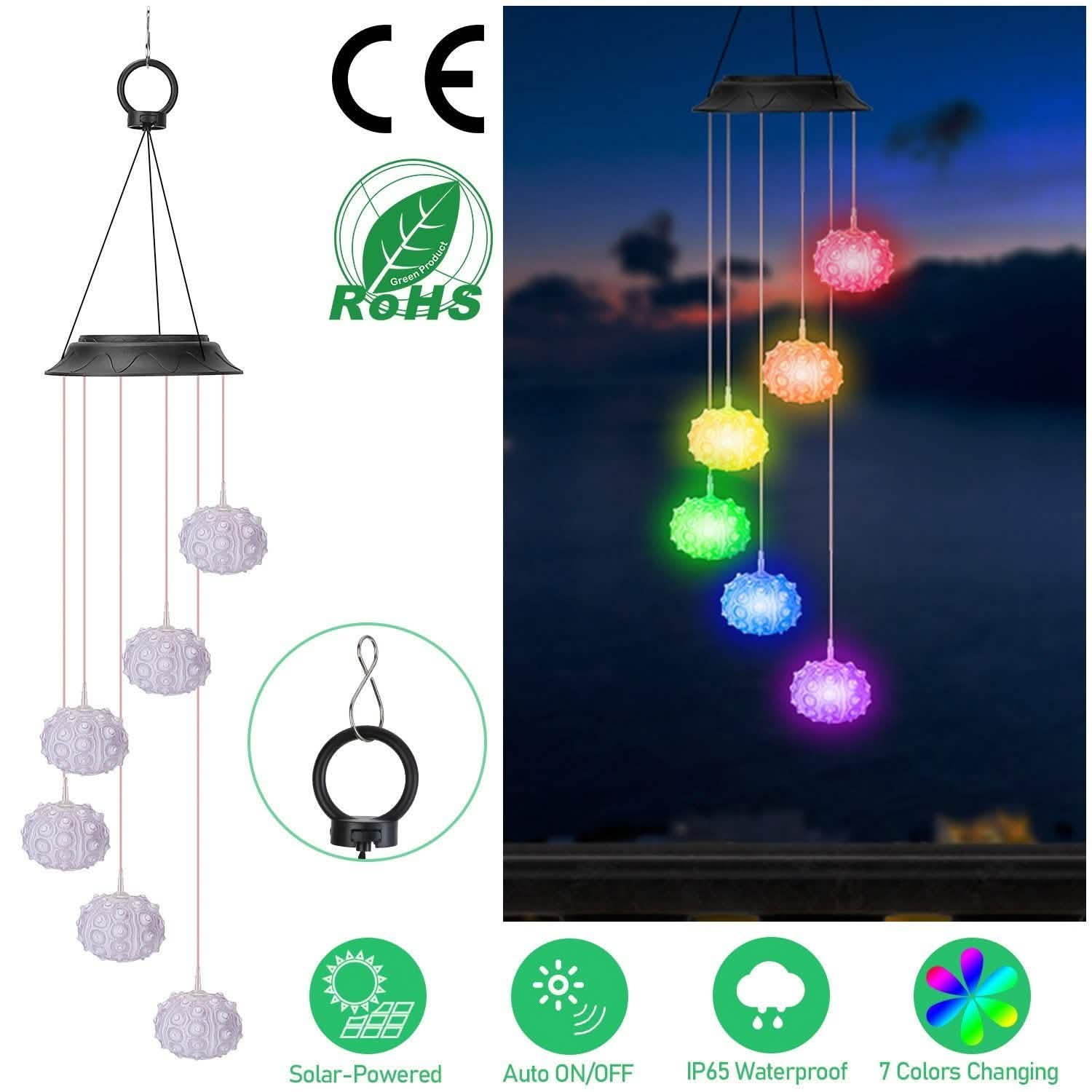 7 Color Changing Solar Wind Chime Lights Sea Urchins Decorative Lamp String & Fairy Lights - Tophatter Daily Deals