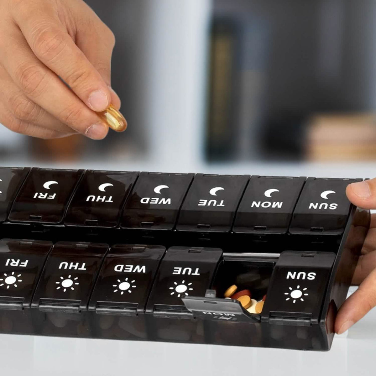 7-Day Push Button Pill, Medicine, Vitamin Organizer with AM/PM Large Compartments Health & Wellness - Tophatter Daily Deals