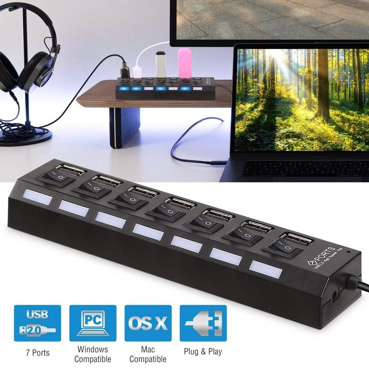 7 Port USB 2.0 Hub High Speed Multiport Computer Accessories - Tophatter Daily Deals