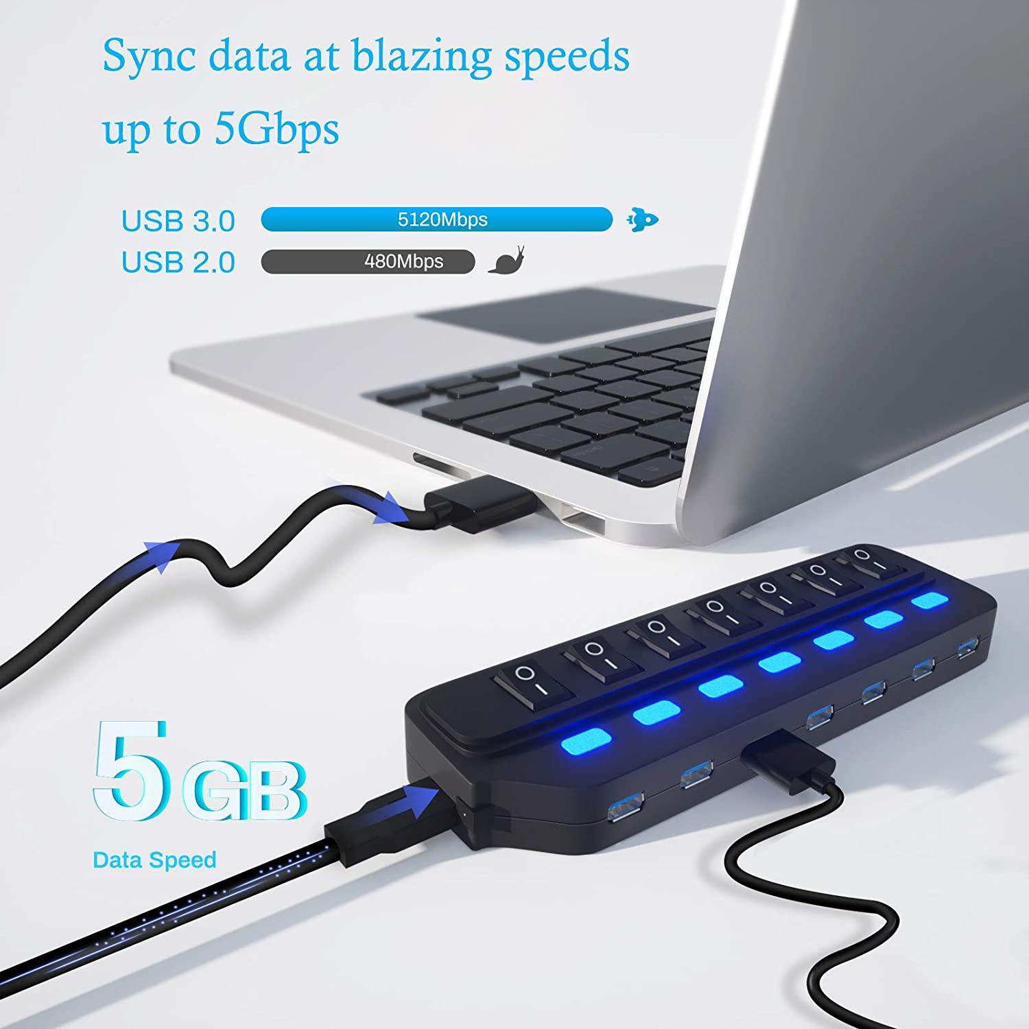 7 Port USB Data Hub 3.0 with Individual On/Off Switches and Lights USB Hub - Tophatter Daily Deals