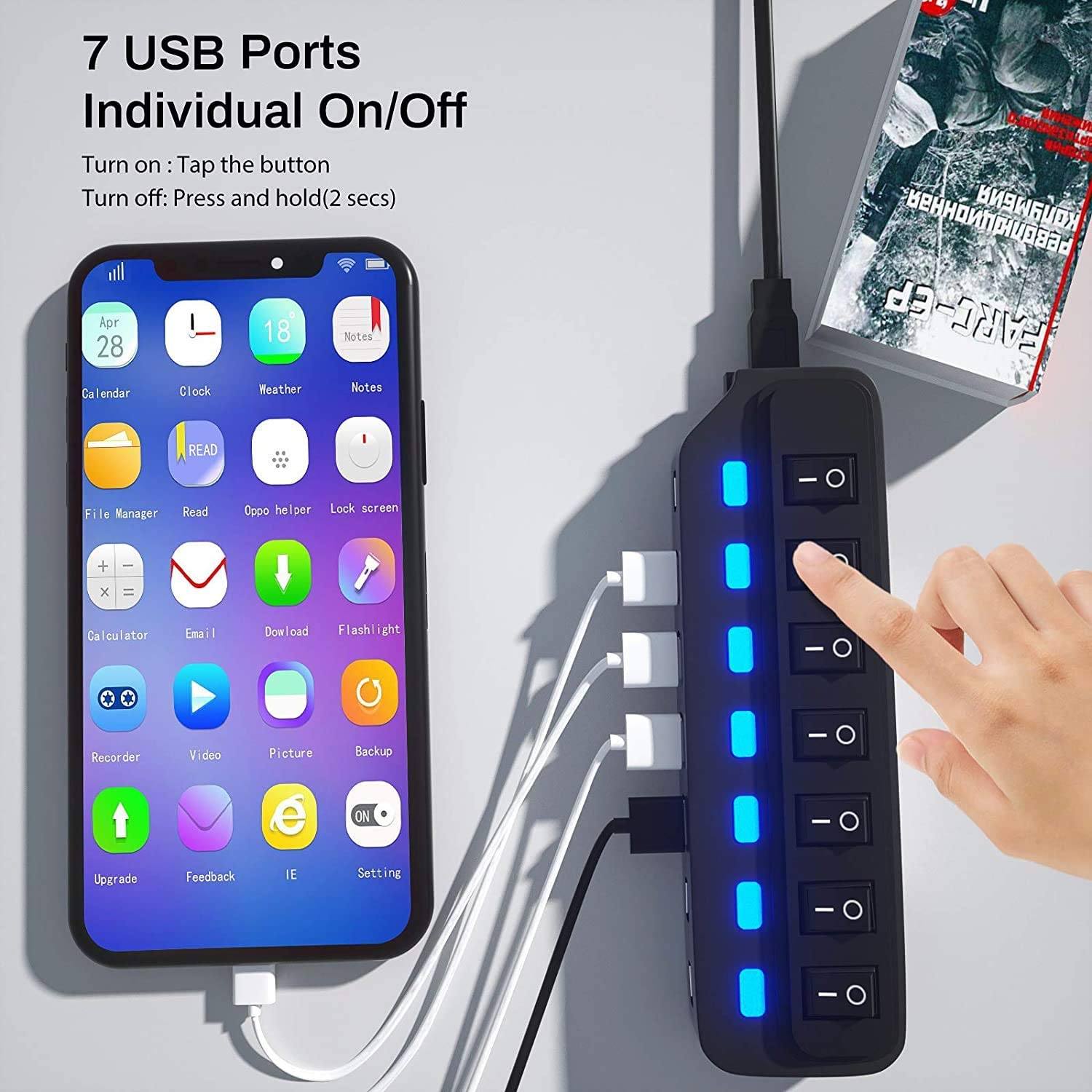 7 Port USB Data Hub 3.0 with Individual On/Off Switches and Lights USB Hub - Tophatter Daily Deals