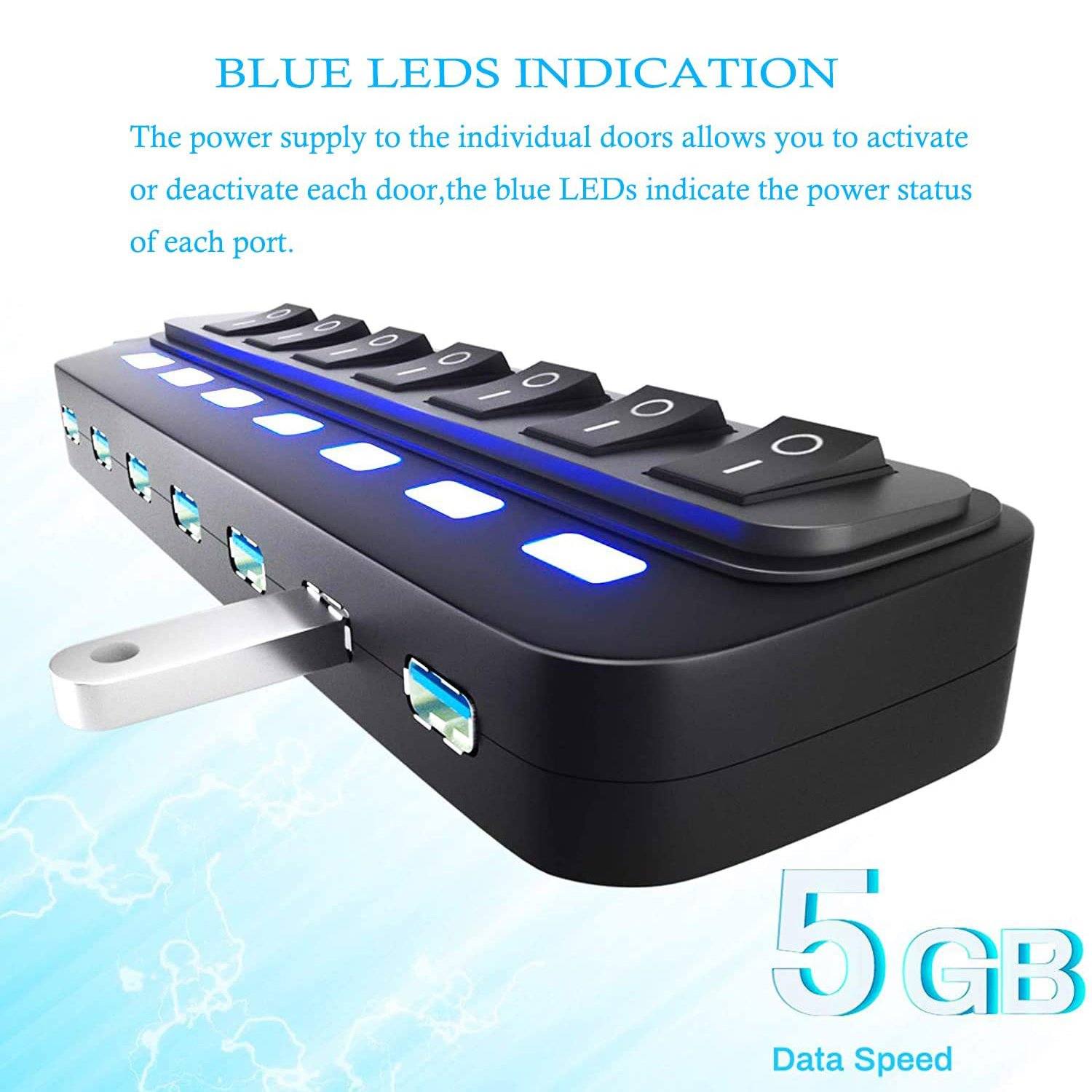 7 Port USB Data Hub 3.0 with Individual On/Off Switches and Lights USB Hub - Tophatter Daily Deals