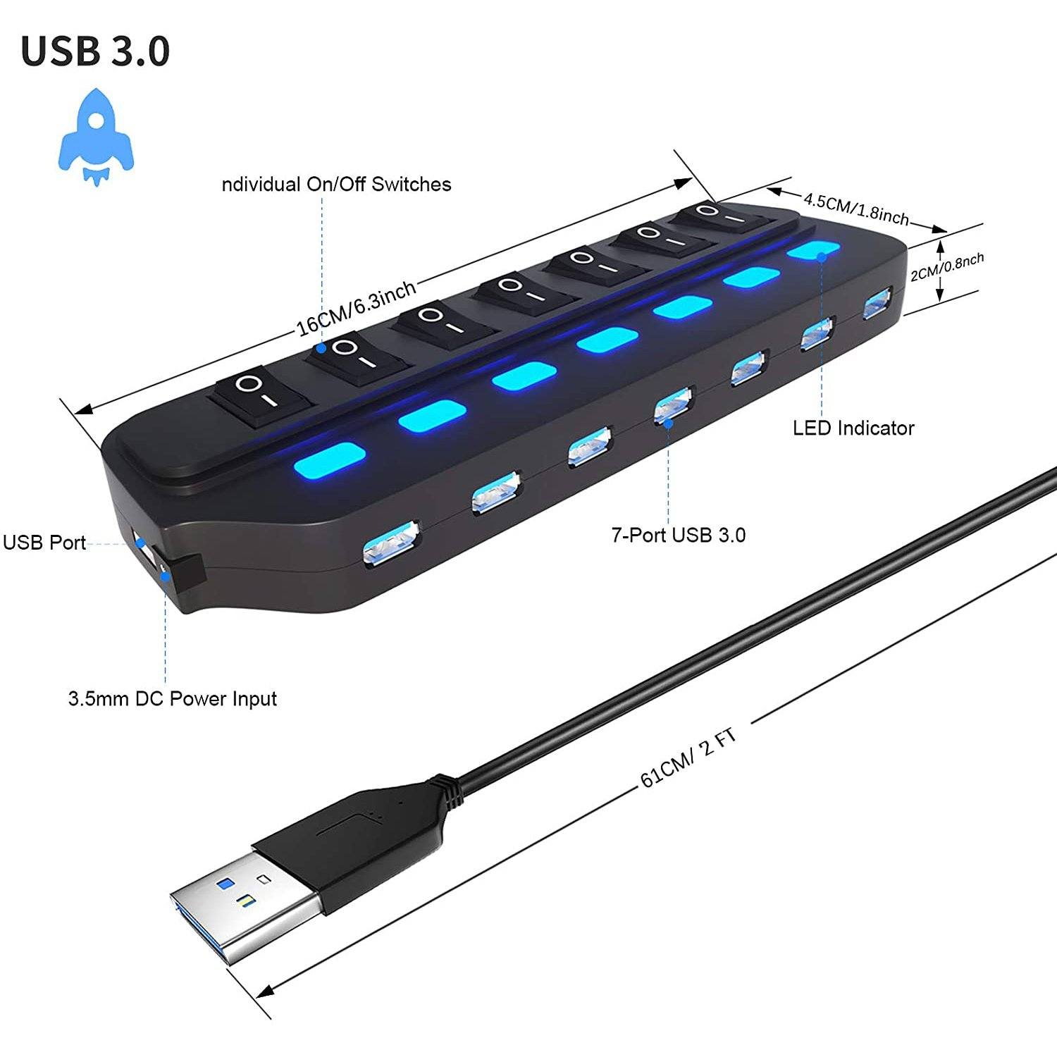 7 Port USB Data Hub 3.0 with Individual On/Off Switches and Lights USB Hub - Tophatter Daily Deals