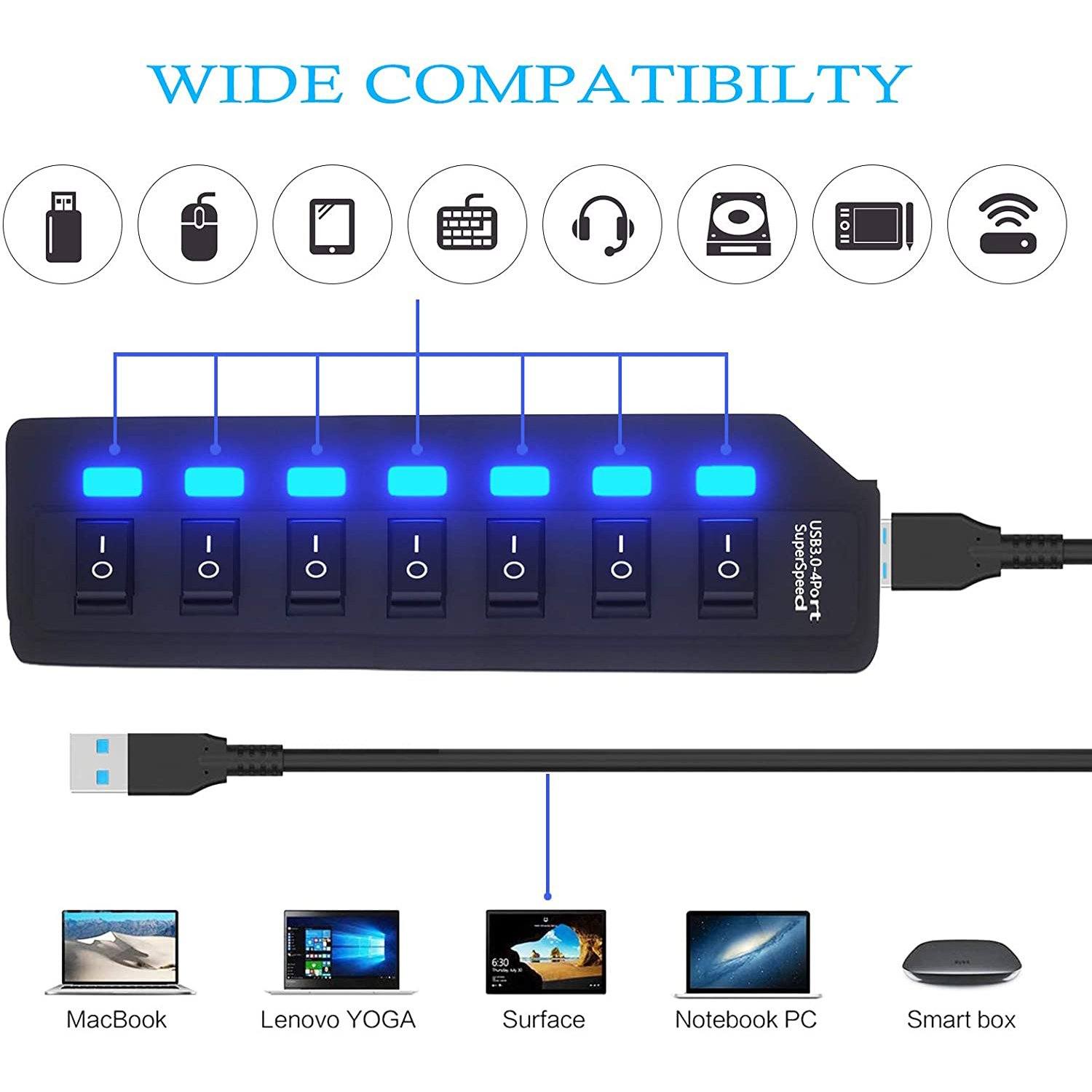 7 Port USB Data Hub 3.0 with Individual On/Off Switches and Lights USB Hub - Tophatter Daily Deals