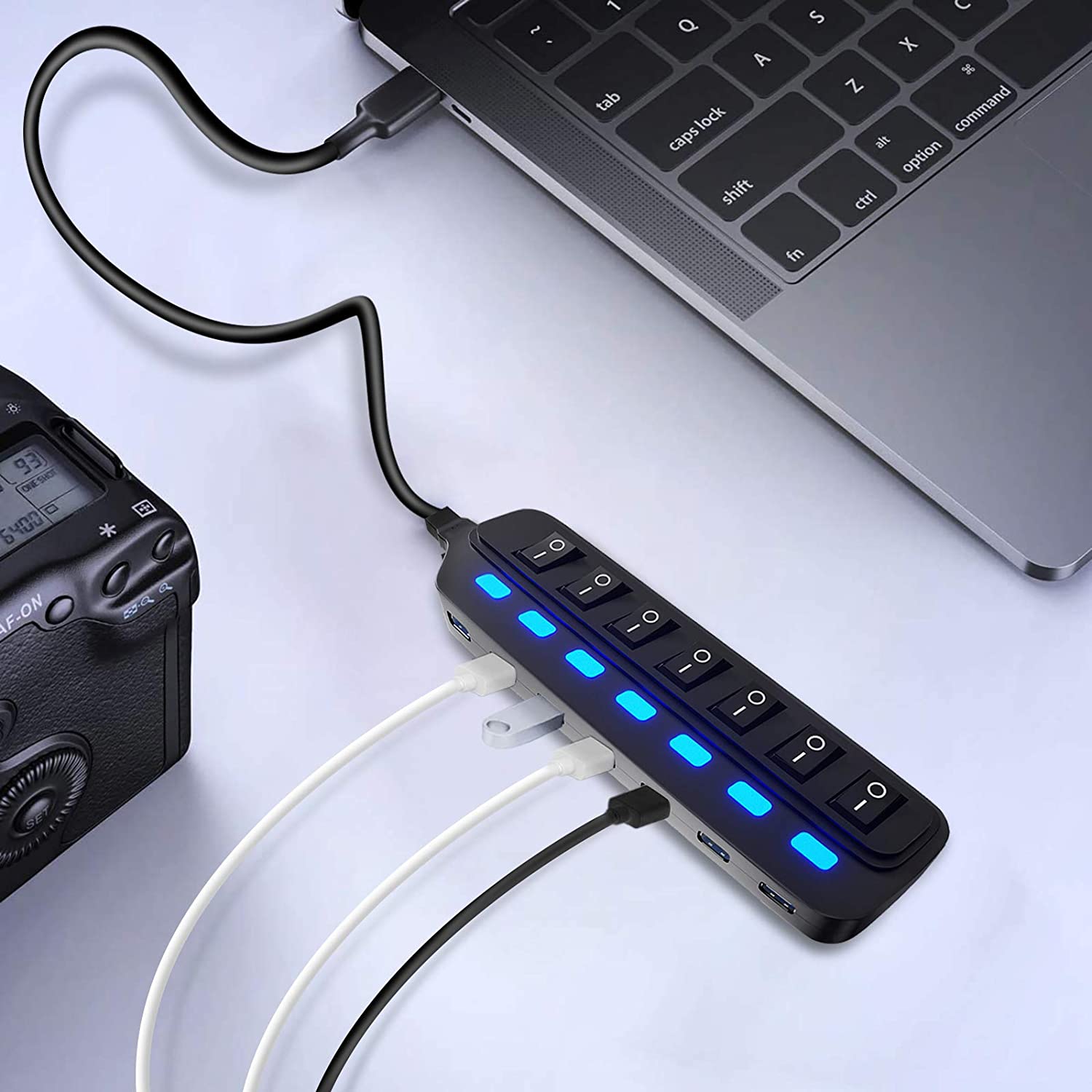 7 Port USB Data Hub 3.0 with Individual On/Off Switches and Lights USB Hub - Tophatter Daily Deals