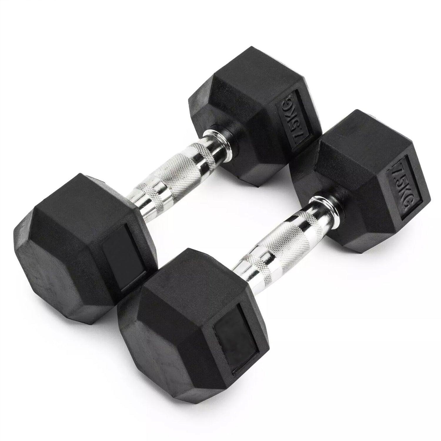 Hex Dumbbells Set - 2.5kg-30kg Pair of Cast Iron Dumbbell Hand Weights Rubber Encased Hexagonal Gym 2 x 7.5 Kg Dumbbeells - Tophatter Daily Deals