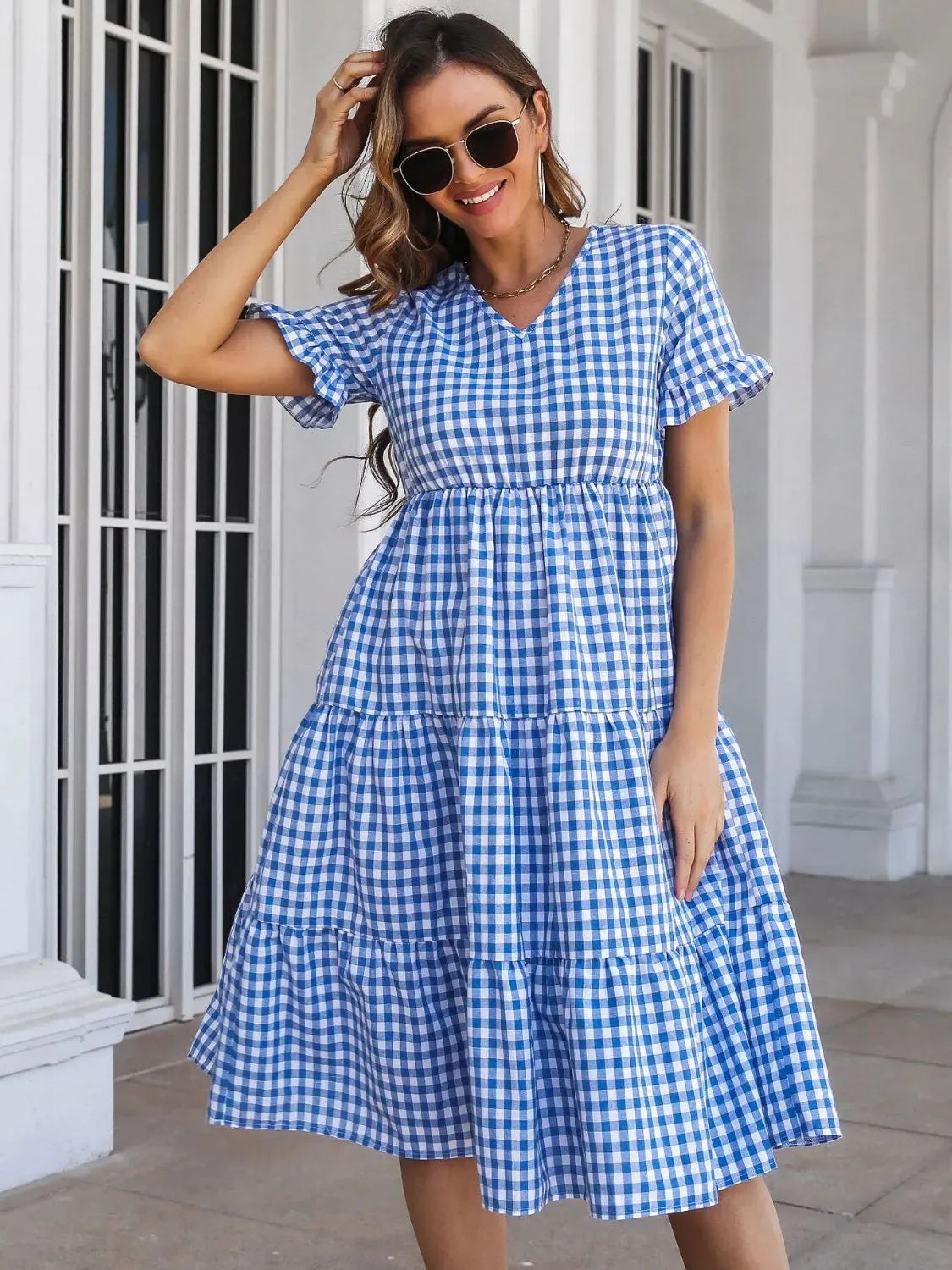 Plaid V-Neck Short Sleeve Midi Dress Casual Dresses - Tophatter Daily Deals