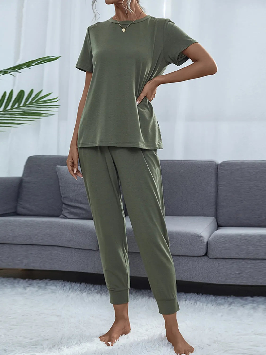 Round Neck Short Sleeve Top and Pants Set Loungewear Sets - Tophatter Daily Deals