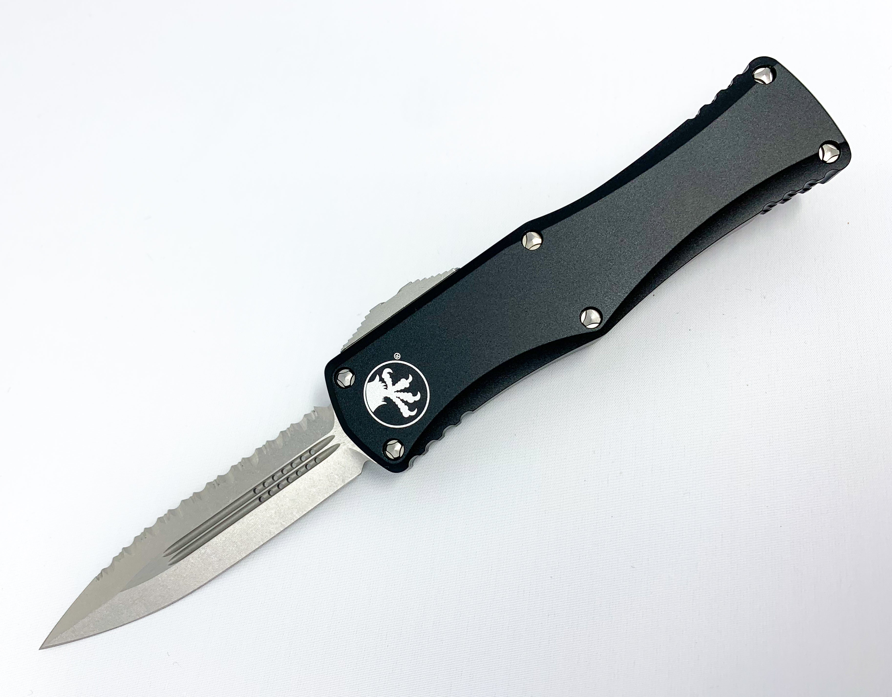 Microtech Hera - Stonewashed Serrated Double Edge Dagger - Black Chassis - 702-12 Knives - Tophatter Daily Deals