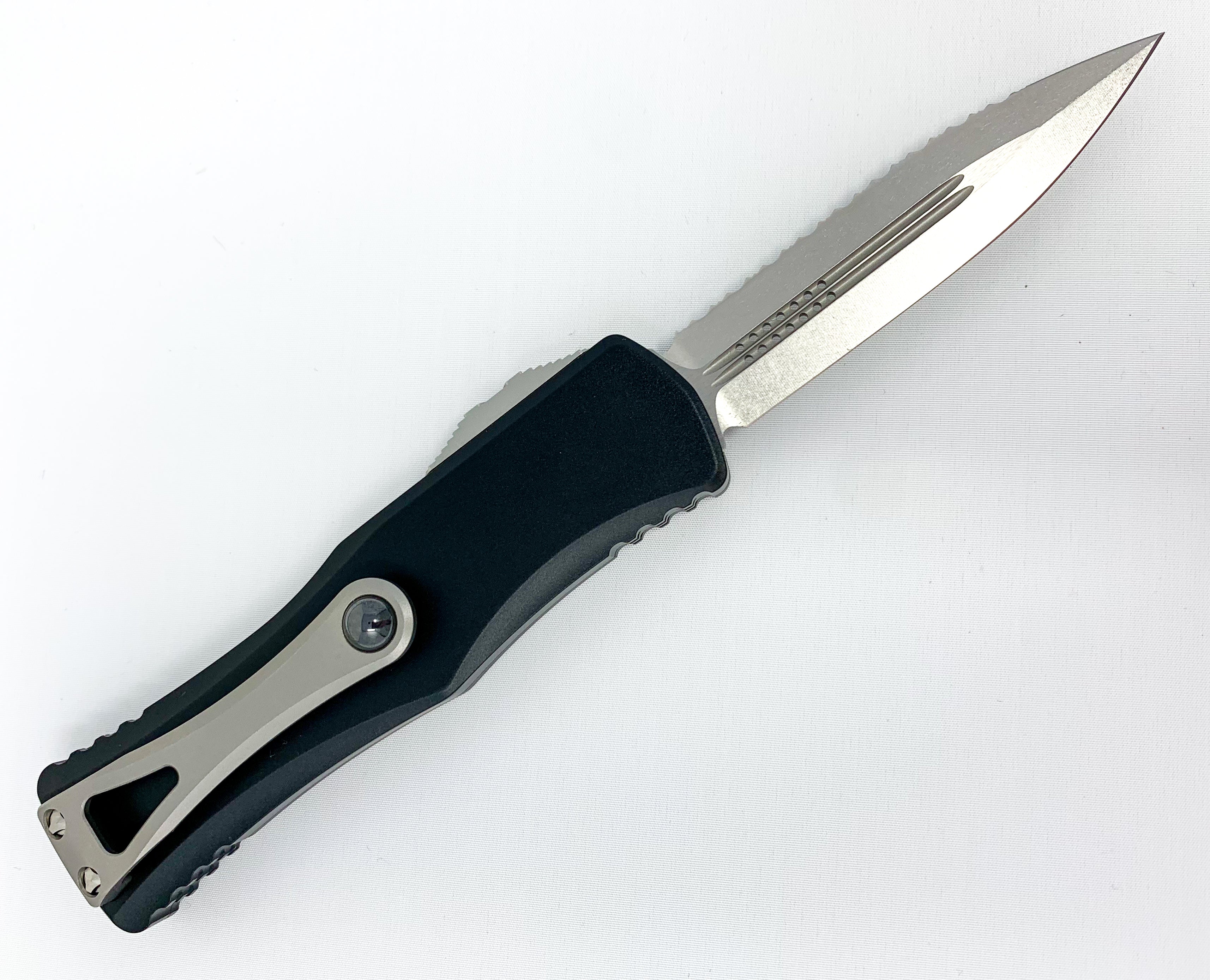 Microtech Hera - Stonewashed Serrated Double Edge Dagger - Black Chassis - 702-12 Knives - Tophatter Daily Deals