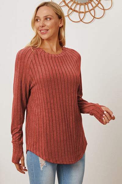 Basic Bae Full Size Ribbed Thumbhole Sleeve T-Shirt Brick Red Women's T-Shirts - Tophatter Daily Deals