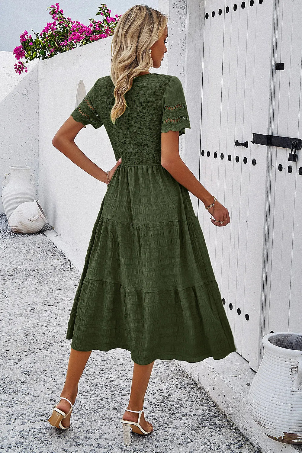 Smocked Round Neck Short Sleeve Midi Dress Casual Dresses - Tophatter Daily Deals