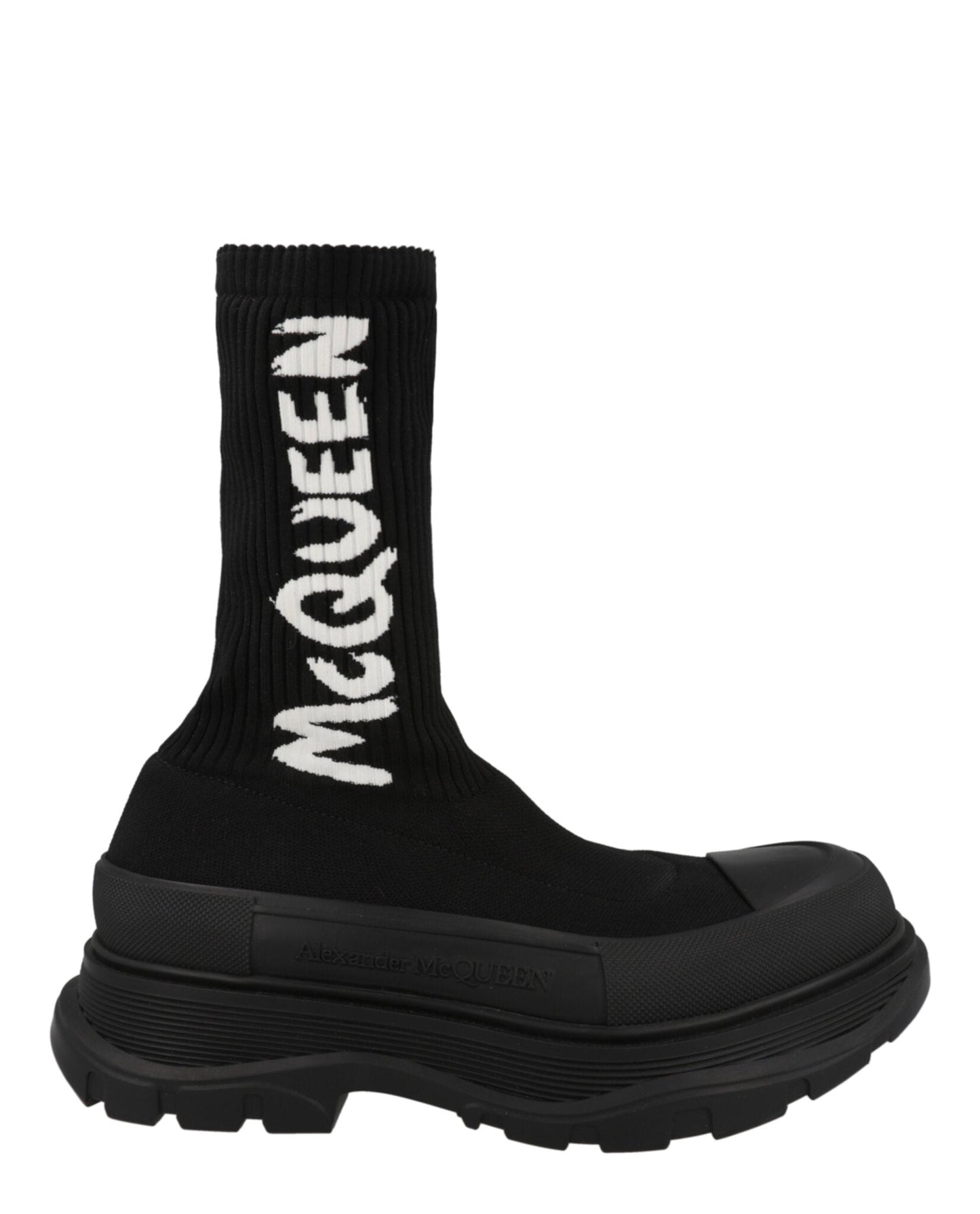 Alexander McQueen Ribbed Knit Tread Slick Boots Black White Footwear - Tophatter Daily Deals