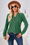 Notched Button Detail Long Sleeve T-Shirt Green Women's T-Shirts - Tophatter Daily Deals