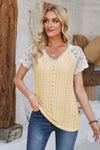 Eyelet V-Neck Lace Short Sleeve T-Shirt Butter Yellow Women's T-Shirts - Tophatter Daily Deals