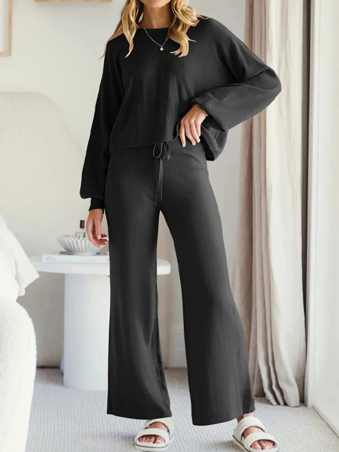 Long Sleeve Lounge Top and Drawstring Pants Set Loungewear Sets - Tophatter Daily Deals