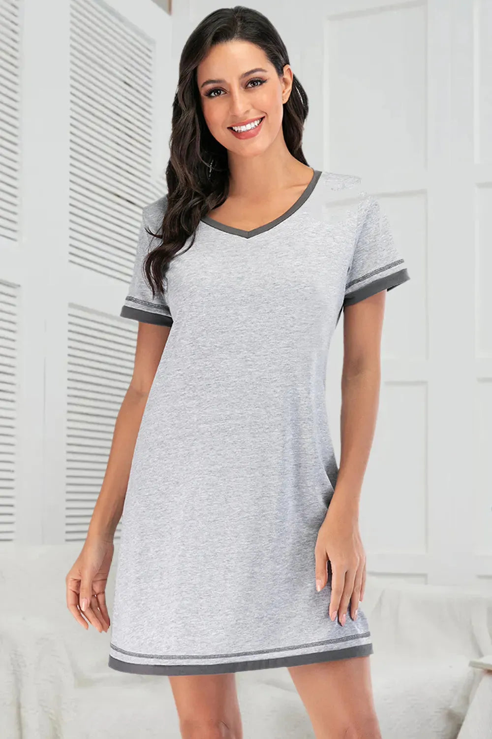 Contrast Trim Short Sleeve Lounge Dress Light Gray Sleep Dresses Apparel & Accessories Fast Shipping Free Shipping H#Y HOT DEALS HOME PAGE Lingerie Sleepwear Loungewear New Deals sexy lingerie Ship From Overseas Ship from USA Sleep Sleep Dresses sleepwear Sleepwear & Loungewear USA USA STOCK women lingerie Women's Fashion - Tophatter Daily Deals And Savings