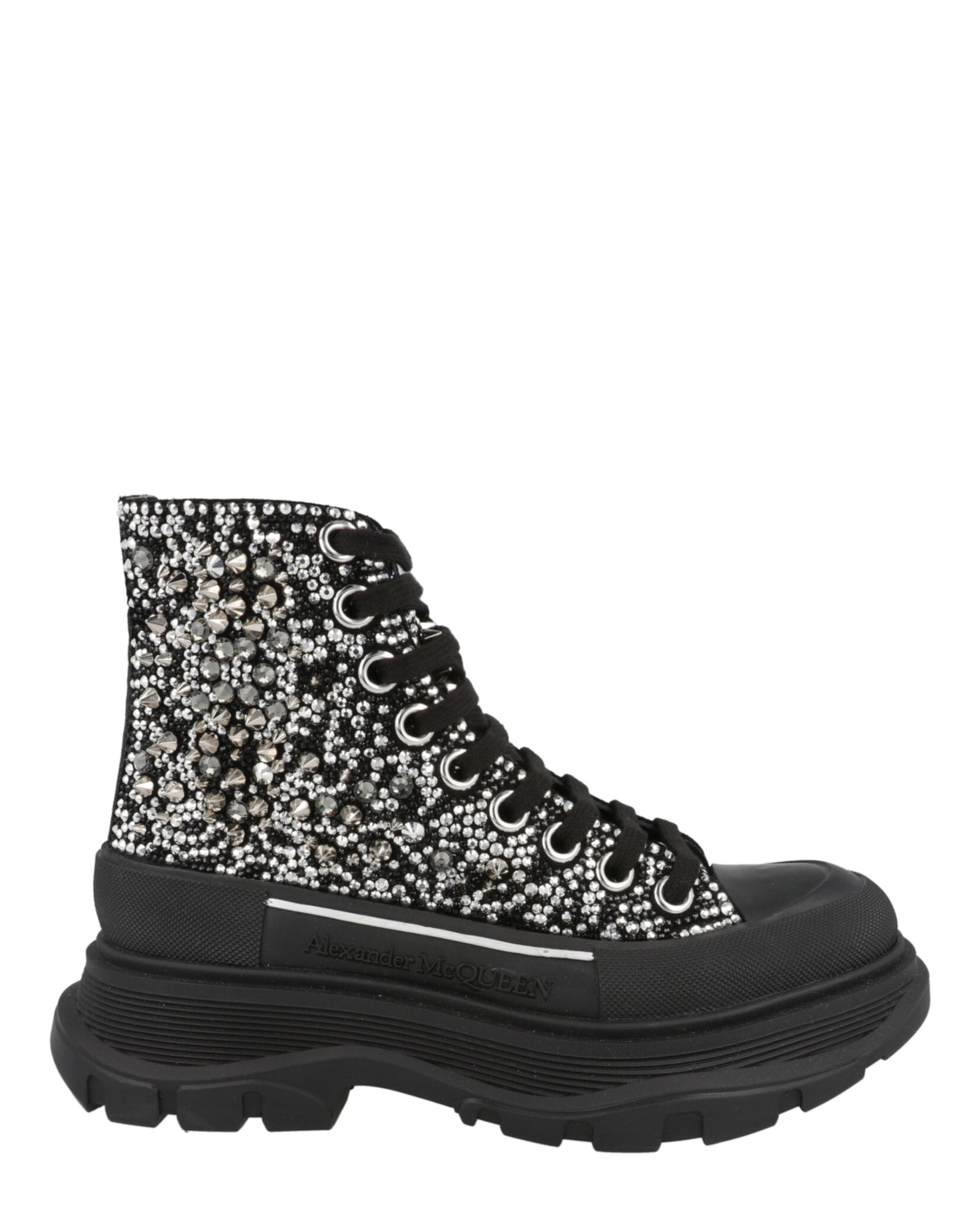 Alexander McQueen Crystal Embellished Tread Slick Boots Black Silver Footwear - Tophatter Daily Deals
