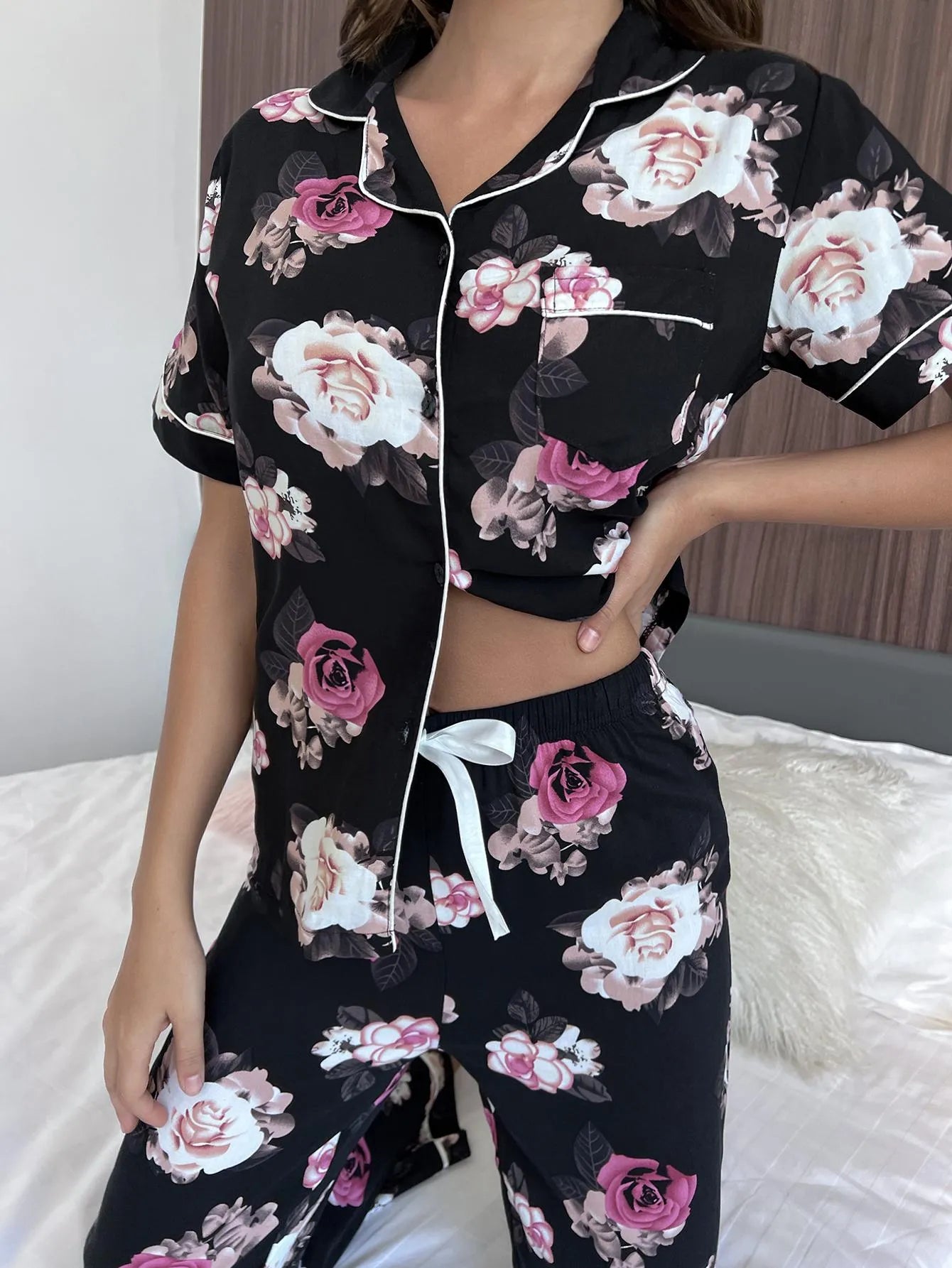 Floral Short Sleeve Shirt and Pants Lounge Set Loungewear Sets - Tophatter Daily Deals