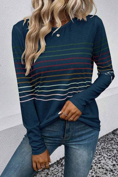 Striped Round Neck Long Sleeve T-Shirt French Blue Women's T-Shirts - Tophatter Daily Deals