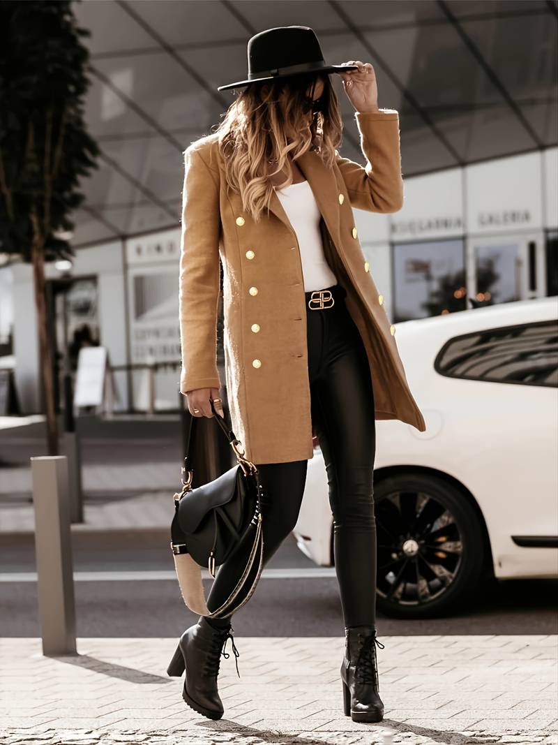 Fitted Women’s Wool Coat - Double Breasted, Insulated Khaki - Tophatter Daily Deals
